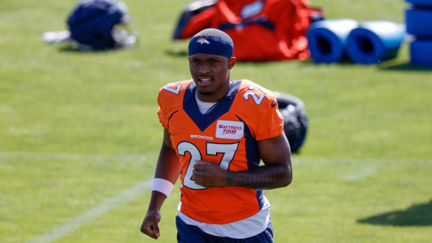 Jul 28, 2023; Englewood, CO, USA; Denver Broncos cornerback Damarri Mathis (27) during training camp at Centura Health Training Center.